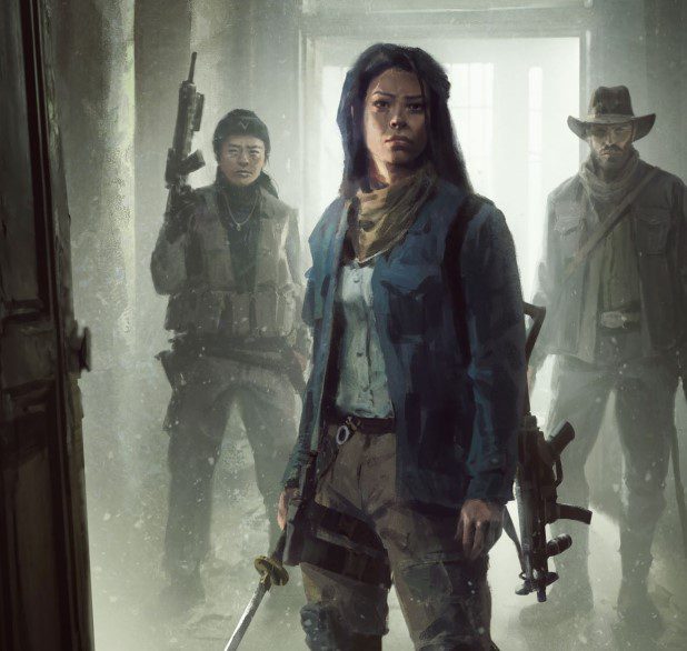 Three survivors, one wearing a stocking cap and carrying a submachine gun, one wearing a cowboy hat and a satchel, and one, in the foreground, carrying a submachine gun and holding a katana in their hand.