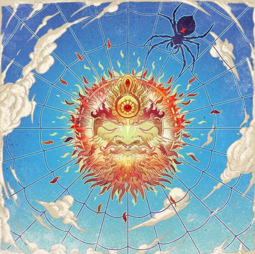 An image of clouds encircling the sun, and the sun has a face with closed eyes. The sun is also in the middle of a web spun by a large black widow spider that is about a third the size of the sun.