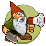 A gnome holding a bullhorn voice amplifier and a cleaver. He is shouting into the bullhorn.